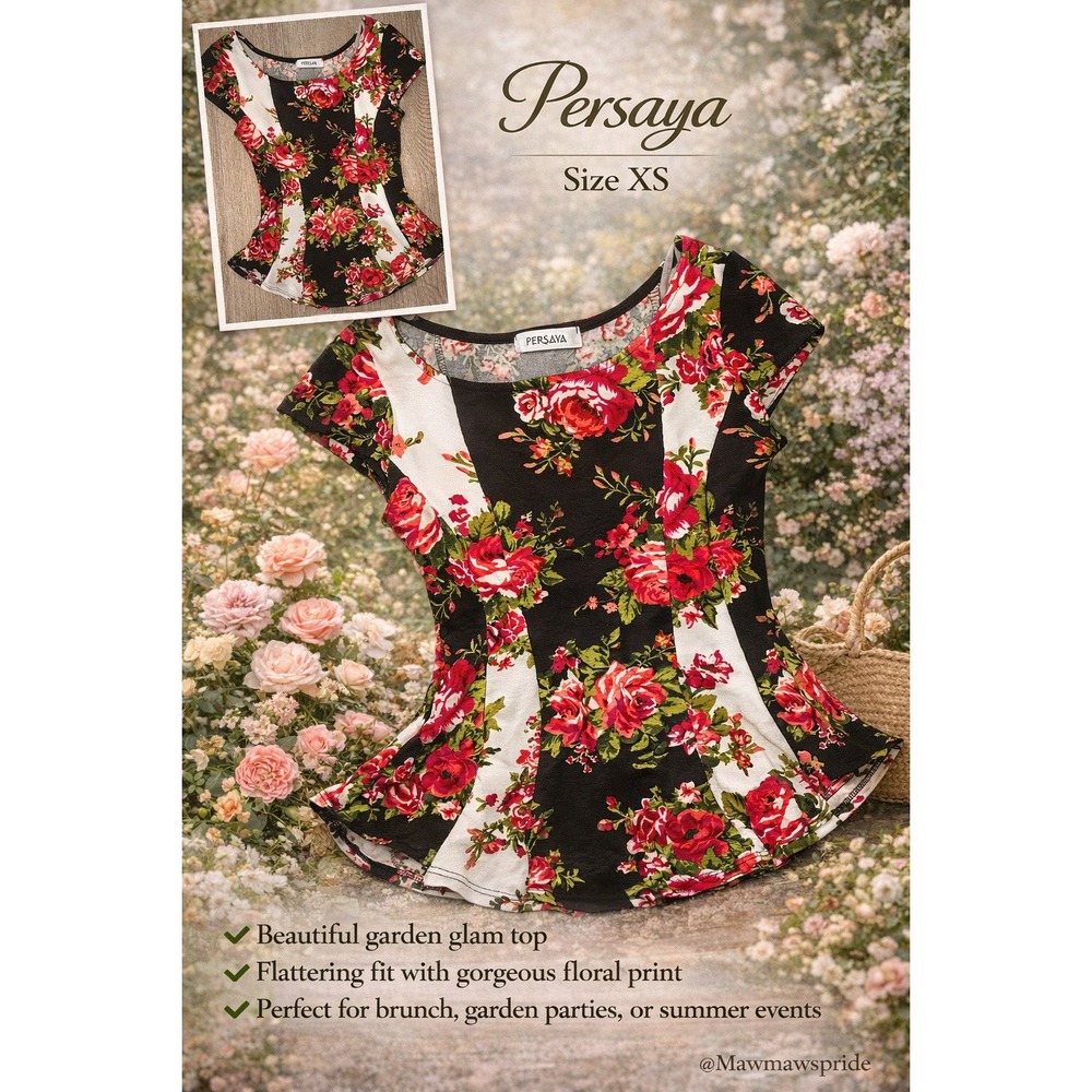 Persaya Womens XS Floral‎ Peplum Top Black White Red Garden Glam Cap Sleeve